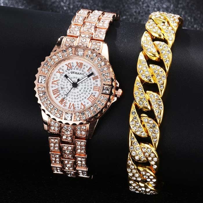 Diamond Watch with Bracelet for Women - Luxury Rhinestone Quartz Watch Rose Gold