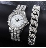 LVPAI Diamentowy zegarek z bransoletą dla kobiet - luksusowy zegarek kwarcowy z kryształem górskim srebrny