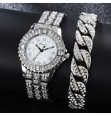 LVPAI Diamond Watch with Bracelet for Women - Luxury Rhinestone Quartz Watch Silver