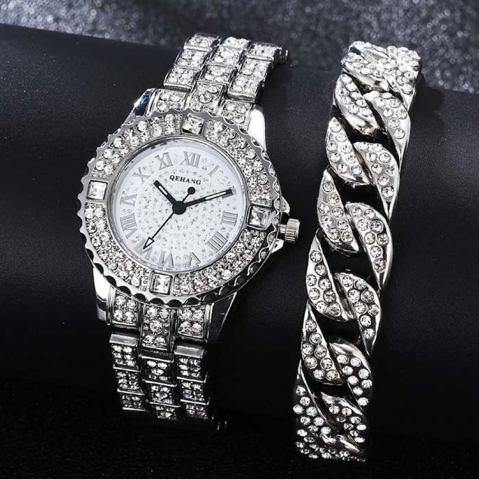 Orologio con diamanti e bracciale da donna - Orologio al quarzo con strass di lusso in argento