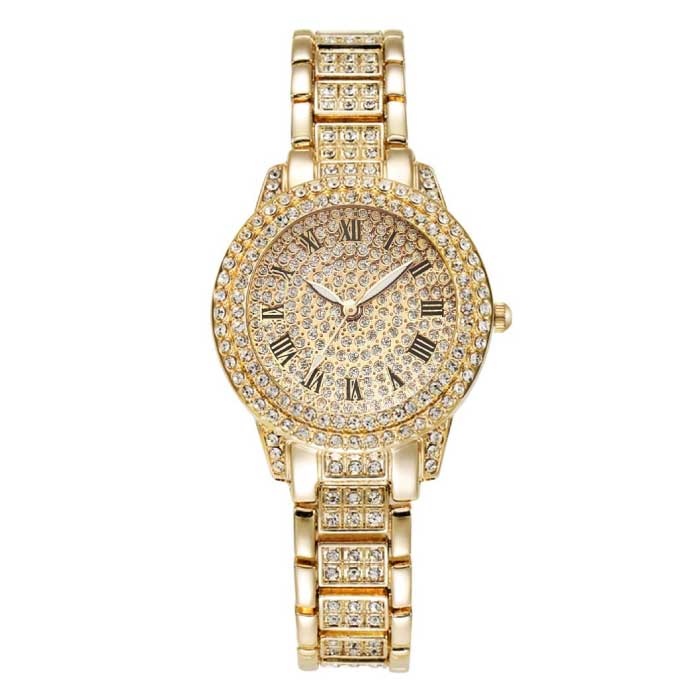 Reloj de diamantes para mujer - Reloj de pulsera de cuarzo con diamantes de imitación de lujo dorado