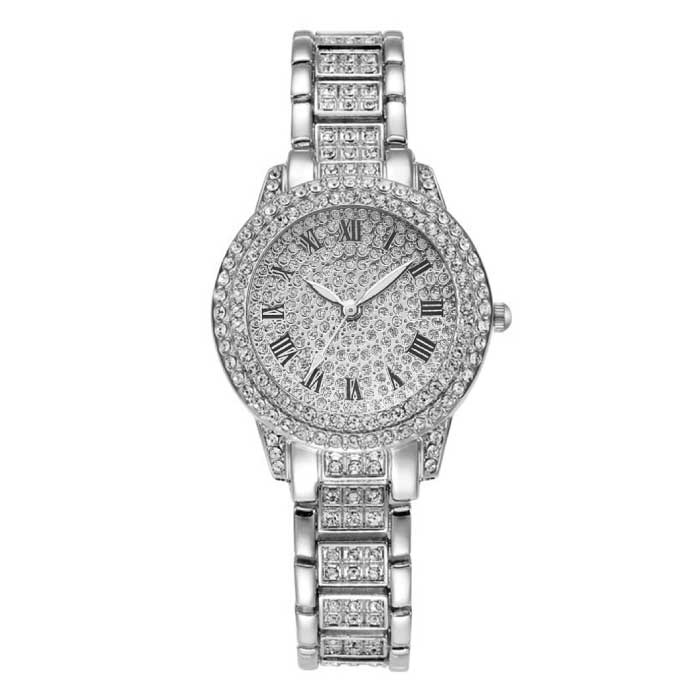 Diamond Watch for Women - Orologio da polso al quarzo con strass di lusso argento