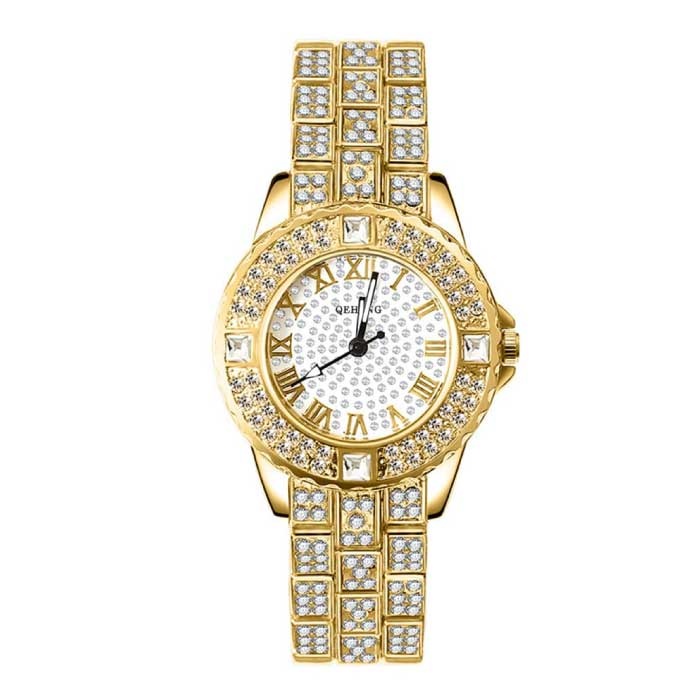 LVPAI Diamantuhr für Damen - Luxus-Strass-Quarz-Armbanduhr Gold