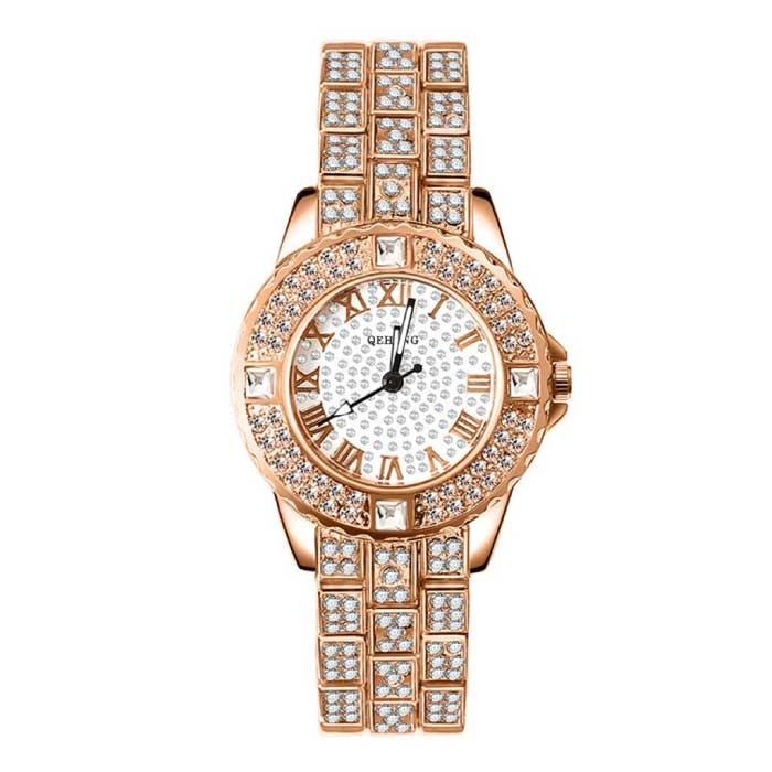 Diamentowy zegarek dla kobiet — luksusowy kwarcowy zegarek na rękę z kryształkami różowego złota