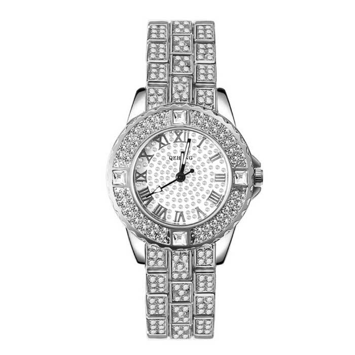 Diamant-Uhr für Damen - Luxus-Strass-Quarz-Armbanduhr Silber