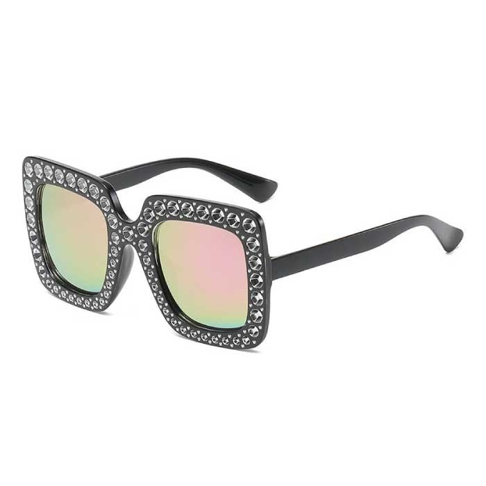 Gafas de sol de mosaico de gran tamaño para mujer - Gafas de pasarela retro UV400 Gafas negras