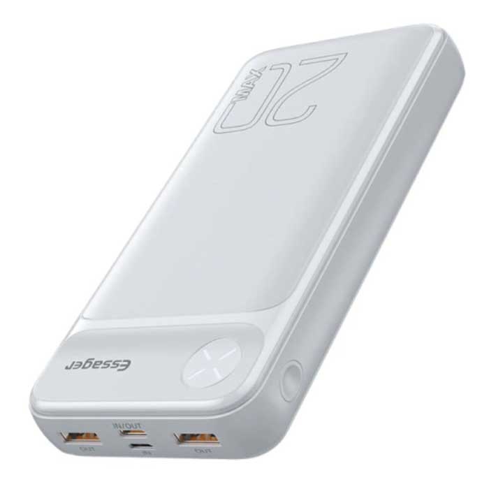 Essager Power Bank 20 000 mAh z 3 portami ładowania - Zewnętrzna bateria awaryjna 2,1 A Wyświetlacz LED Ładowarka Ładowarka Biała