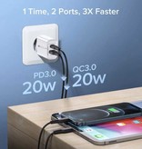 Maerknon Chargeur de prise double port - PD / Quick Charge 3.0 - 20W Power Delivery USB Fast Charge - Wallcharger Wallcharger AC Home Charger Adapter Blanc