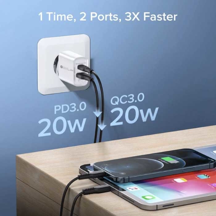 Maerknon Caricabatterie con spina a doppia porta - PD / Quick Charge 3.0 - 20 W Power Delivery USB Fast Charge - Caricabatterie da parete Caricabatterie da parete AC Adattatore per caricabatteria da casa Bianco