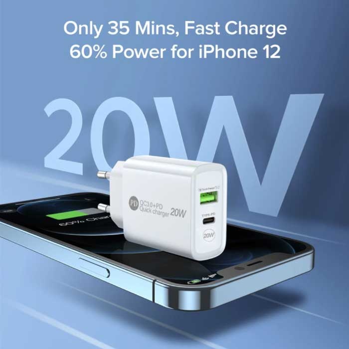 Maerknon Steckerladegerät mit zwei Anschlüssen - PD / Quick Charge 3.0 - 20 W Stromversorgung USB-Schnellladung - Wandladegerät Wallcharger AC Home Charger Adapter Weiß