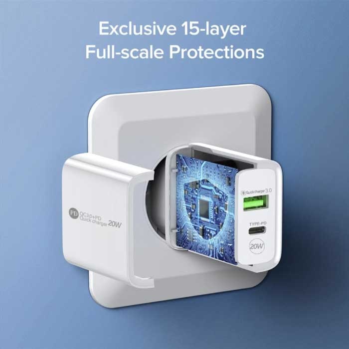 Maerknon Caricabatterie con spina a doppia porta - PD / Quick Charge 3.0 - 20 W Power Delivery USB Fast Charge - Caricabatterie da parete Caricabatterie da parete AC Adattatore per caricabatteria da casa Bianco