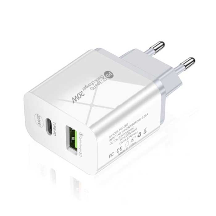 Dual Port Stekkerlader - PD / Quick Charge 3.0 - 20W Power Delivery USB Fast Charge - Oplader Muur Wallcharger AC Thuislader Adapter Wit