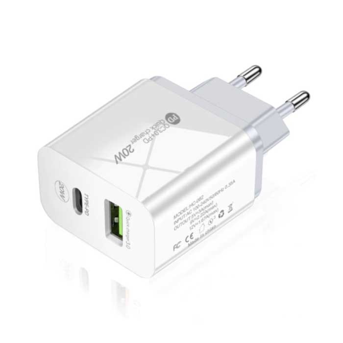 Maerknon Chargeur de prise double port - PD / Quick Charge 3.0 - 20W Power Delivery USB Fast Charge - Wallcharger Wallcharger AC Home Charger Adapter Blanc