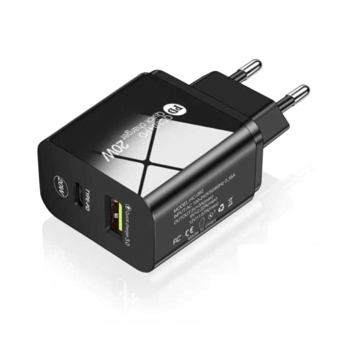 Cargador de enchufe de puerto dual - PD / Carga rápida 3.0 - Entrega de energía de 20 W Carga rápida USB - Cargador de pared Cargador de pared Adaptador de cargador de CA para el hogar Negro