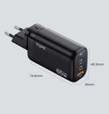 TOPK B314P 3-Port Plug Charger - PD / Quick Charge 3.0 - Power Delivery USB Fast Charge 65W GaN - Charger Wall Wallcharger AC Home Charger Adapter Black