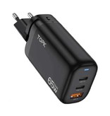 TOPK B314P 3-Port Plug Charger - PD / Quick Charge 3.0 - Power Delivery USB Fast Charge 65W GaN - Charger Wall Wallcharger AC Home Charger Adapter Black