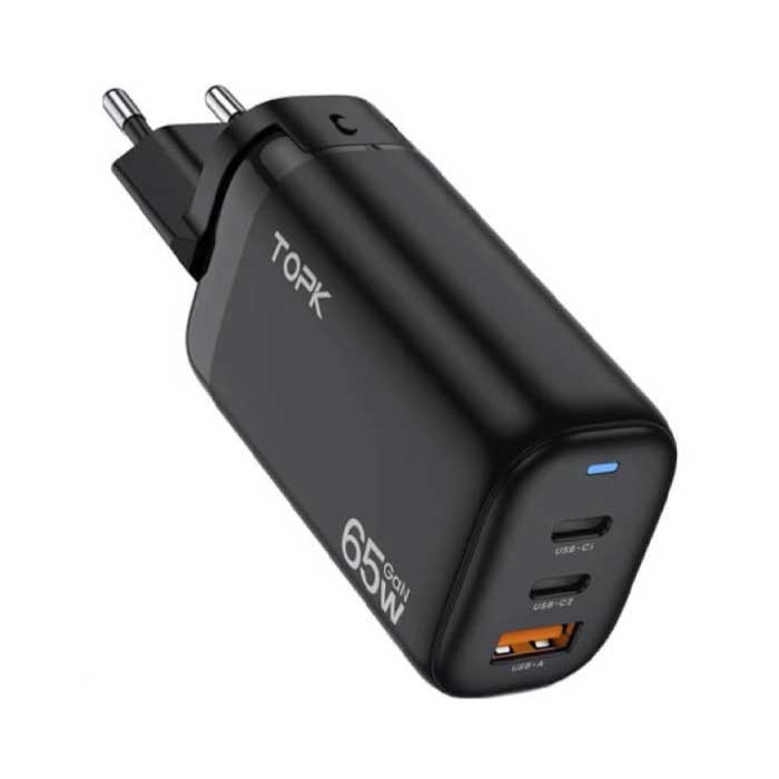 B314P 3-Port Stekkerlader - PD / Quick Charge 3.0 - Power Delivery USB Fast Charge 65W GaN - Oplader Muur Wallcharger AC Thuislader Adapter Zwart