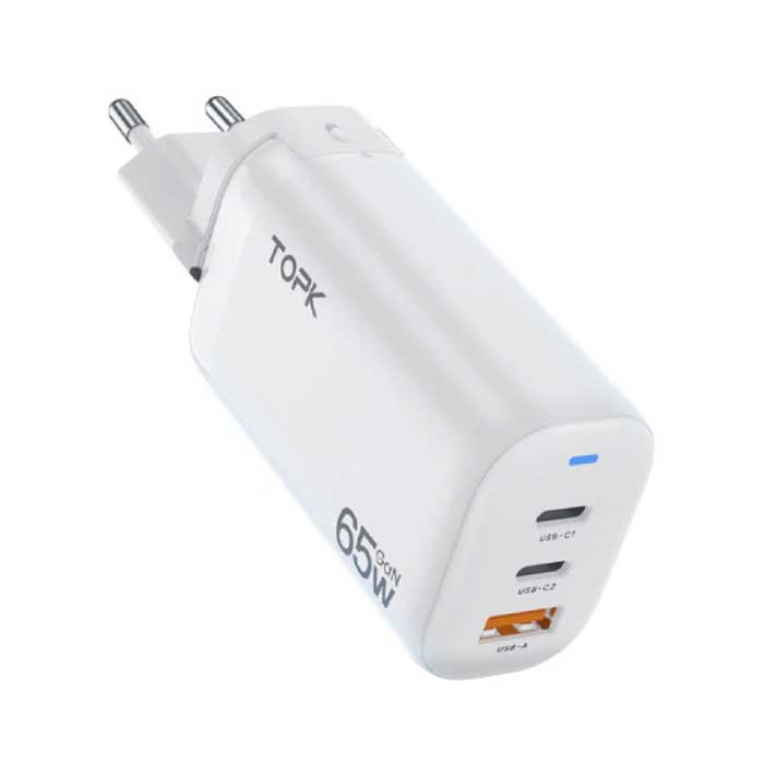 B314P Cargador de enchufe de 3 puertos - PD / Quick Charge 3.0 - Power Delivery USB Fast Charge 65W GaN - Wall Charger Wallcharger AC Home Charger Adapter White