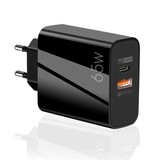 Anmuguin Chargeur de prise GaN 65W - Double port PD / Charge rapide 3.0 - Alimentation USB Charge rapide - Chargeur mural Wallcharger AC Adaptateur de chargeur domestique Noir