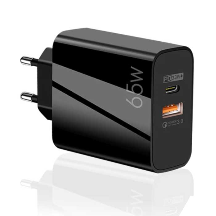 Caricabatterie a spina GaN da 65 W - Dual Port PD / Quick Charge 3.0 - Power Delivery USB Fast Charge - Caricabatterie da parete Caricabatterie AC Adattatore per caricabatteria da casa Nero