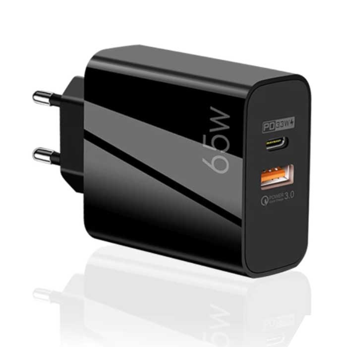 Ładowarka z wtyczką GaN 65W - Podwójny port PD / Quick Charge 3.0 - Power Delivery Szybkie ładowanie USB - Ładowarka ścienna Ładowarka sieciowa AC Adapter ładowarki czarny