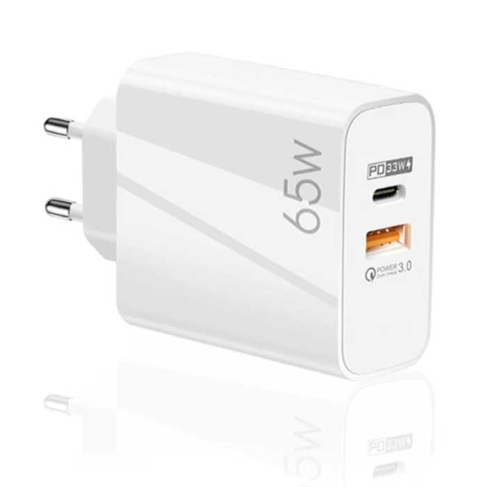 65W GaN Stekkerlader - Dual Port PD / Quick Charge 3.0 - Power Delivery USB Fast Charge - Oplader Muur Wallcharger AC Thuislader Adapter Wit