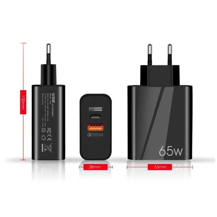 Anmuguin 65W GaN Stekkerlader met Oplaadkabel 1 meter - Dual Port PD / Quick Charge 3.0 - Power Delivery USB Fast Charge - Oplader AC Thuislader Adapter Zwart