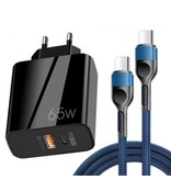 Anmuguin Chargeur prise GaN 65W avec câble de charge 1 mètre - Double port PD / Charge rapide 3.0 - Alimentation USB Charge rapide - Chargeur AC Adaptateur chargeur secteur Noir