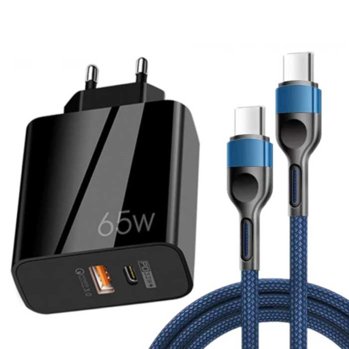 Cargador de enchufe GaN de 65 W con cable de carga de 1 metro - Puerto dual PD / Carga rápida 3.0 - Entrega de energía Carga rápida USB - Cargador Adaptador de cargador de CA para el hogar Negro