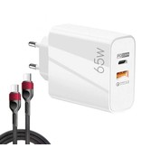 Anmuguin Caricabatterie a spina GaN da 65 W con cavo di ricarica da 1 metro - Dual Port PD / Quick Charge 3.0 - Power Delivery USB Fast Charge - Caricabatterie AC Adattatore per caricabatterie da casa Bianco