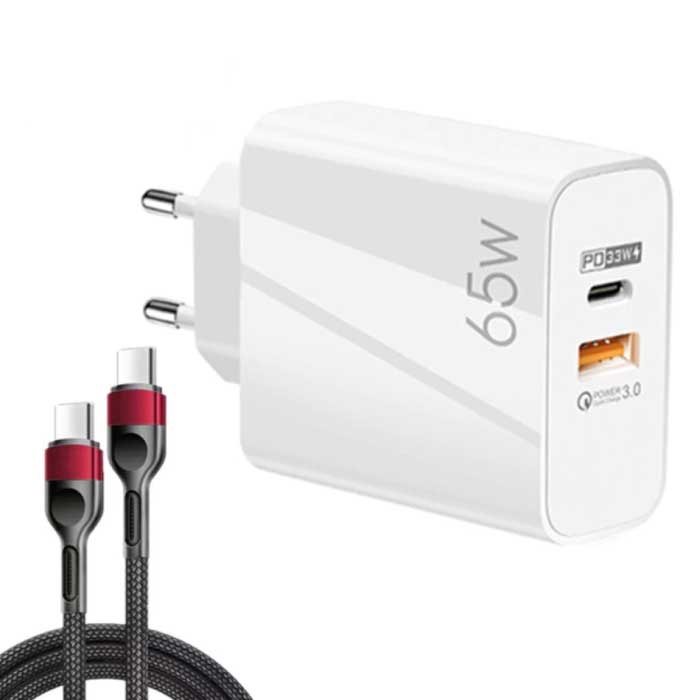 Cargador de enchufe GaN de 65 W con cable de carga de 1 metro - Puerto dual PD / Carga rápida 3.0 - Entrega de energía Carga rápida USB - Cargador Adaptador de cargador doméstico de CA Blanco