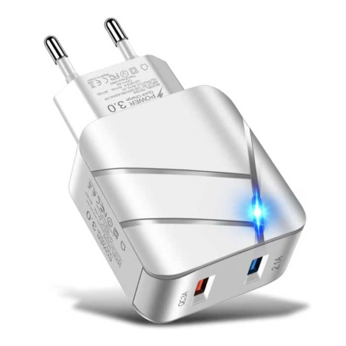 28W Stekkerlader - Dual Port Quick Charge 3.0 / 2.1A - USB Fast Charge Oplader Muur Wallcharger AC Thuislader Adapter Wit