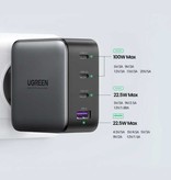 UGREEN Chargeur de prise 100W et câble de charge - Quad Port PD / Charge rapide 3.0 - Alimentation GaN USB Charge rapide - Chargeur mural Wallcharger AC Adaptateur de chargeur domestique Noir