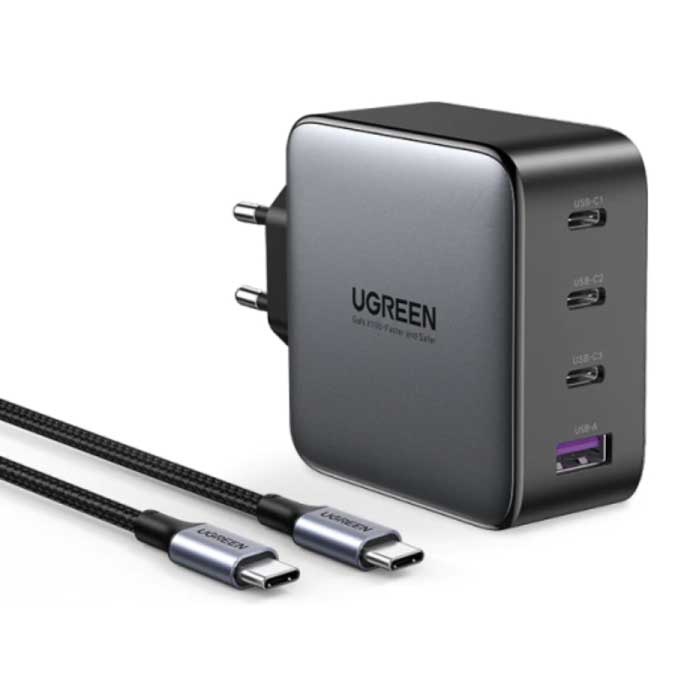 100 W Steckerladegerät und Ladekabel – Quad Port PD / Quick Charge 3.0 – GaN Power Delivery USB Fast Charge – Wandladegerät Wallcharger AC Home Charger Adapter Schwarz