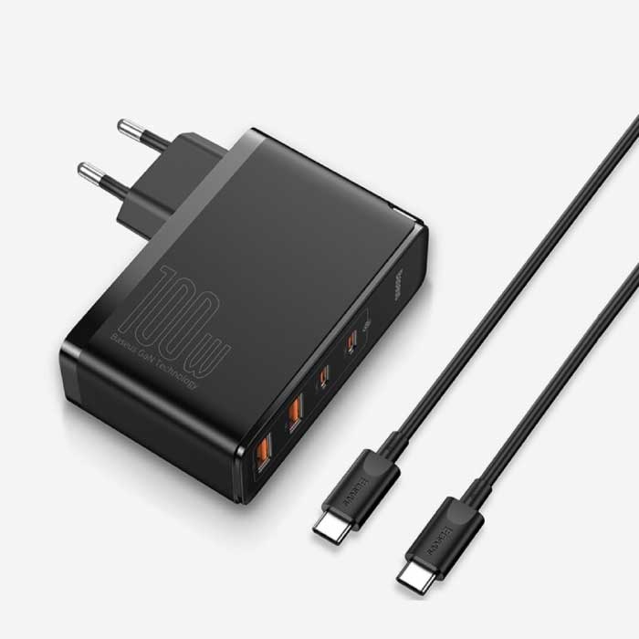 Cargador de enchufe de 100 W - Puerto cuádruple PD / Carga rápida 3.0 - Entrega de energía GaN Carga rápida USB - Cargador de pared Cargador de pared Adaptador de cargador de CA para el hogar Negro