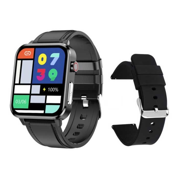 E86 EKG Smartwatch mit zusätzlichem Armband - Fitness Sport Activity Tracker Uhr Android - Lederarmband Schwarz