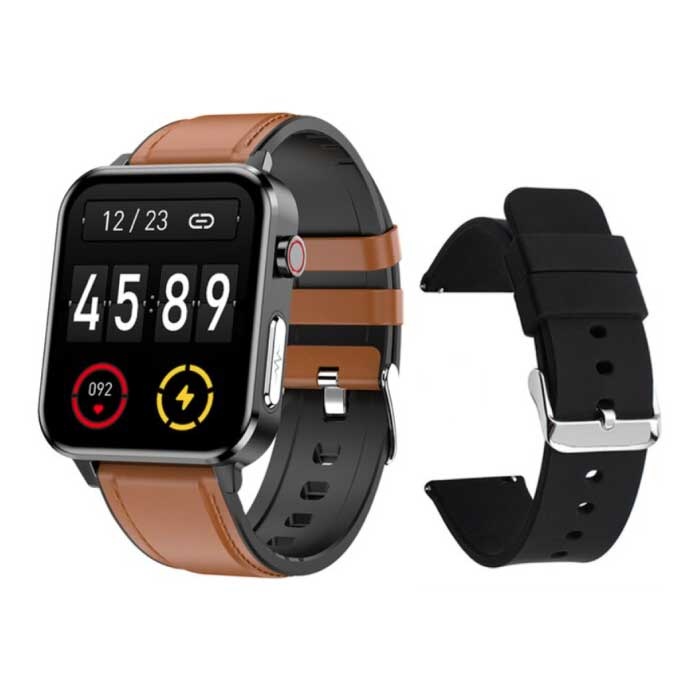 E86 ECG Smartwatch avec Bracelet Supplémentaire - Montre Fitness Sport Activity Tracker Android - Bracelet Cuir Marron