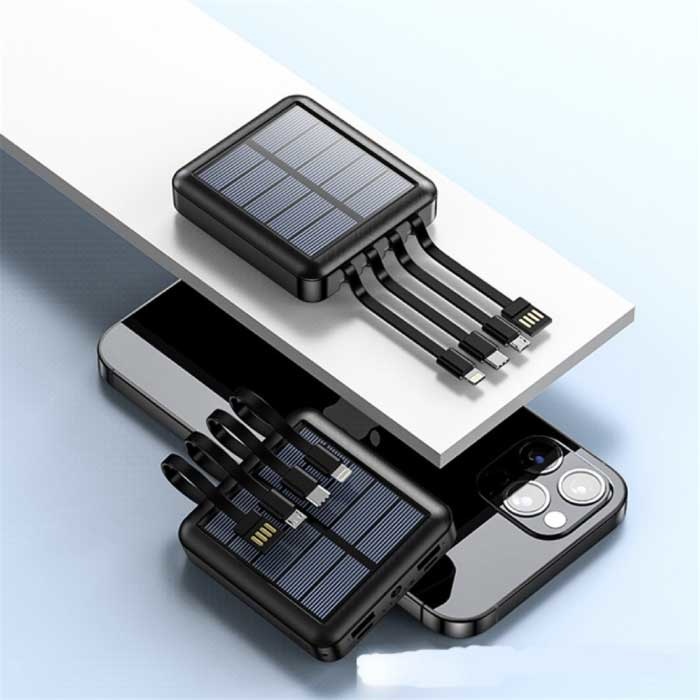 Universal 20.000mAh Mini Solar Power Bank - 4 Arten Ladekabel - Eingebaute Taschenlampe - Externes Notfall-Akku-Ladegerät Ladegerät Schwarz
