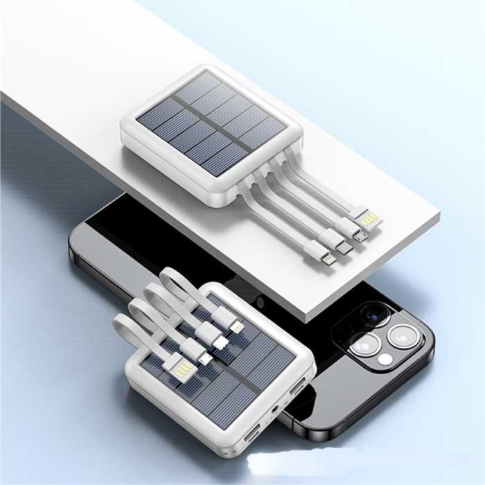 Mini Batterie Solaire Universelle 20.000mAh - 4 Types de Câble de Charge - Lampe de Poche Intégrée - Chargeur de Batterie de Secours Externe Blanc