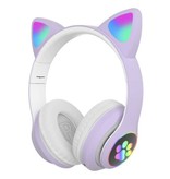 Qearfun Bezprzewodowe słuchawki z kocimi uszami — zestaw słuchawkowy Kitty Bezprzewodowe słuchawki stereo fioletowe