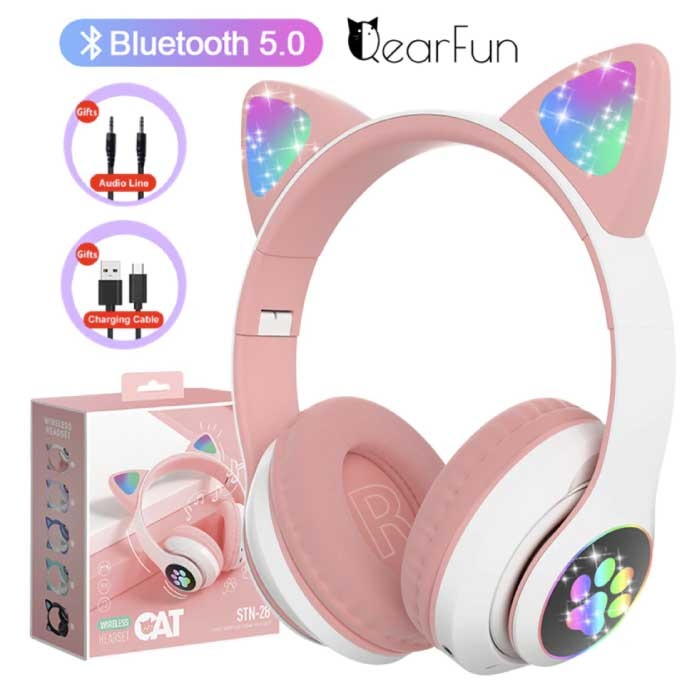 Qearfun Bezprzewodowe słuchawki z kocimi uszami — zestaw słuchawkowy Kitty Bezprzewodowe słuchawki stereo różowe