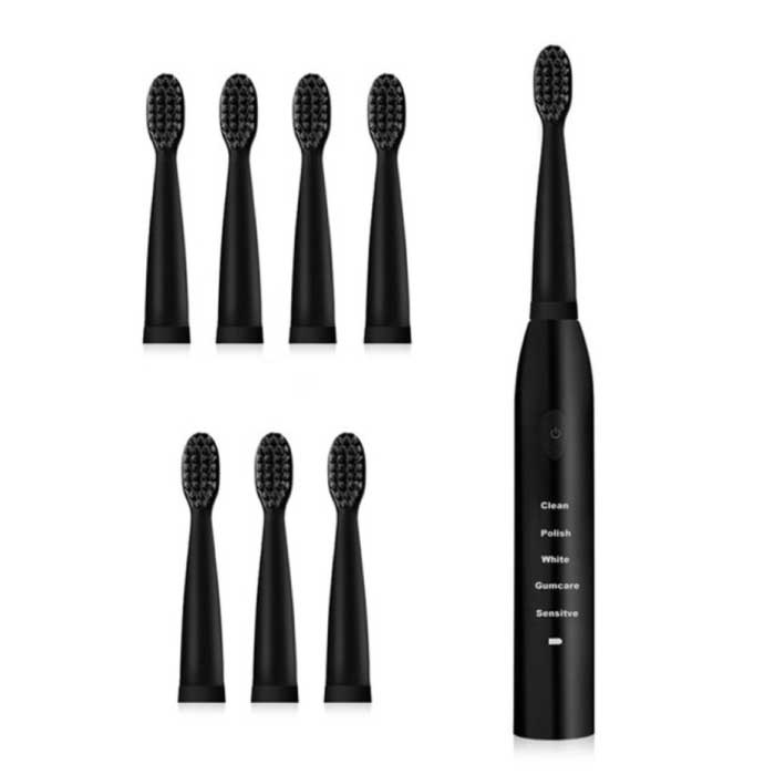 Electric Toothbrush Set - 8 Brush Heads - Waterproof Sonic USB Charging Black
