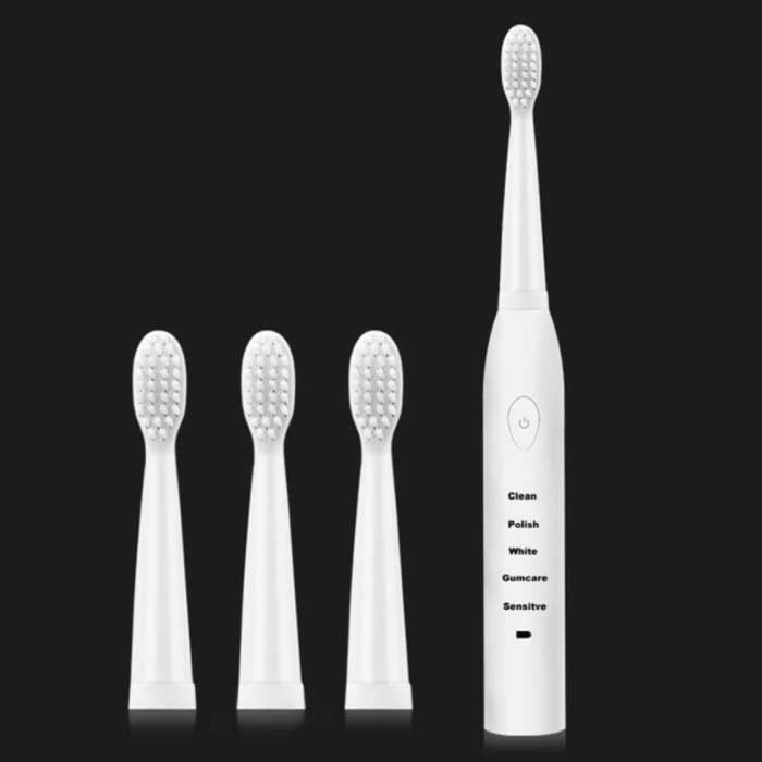 Electric Toothbrush Set - 4 Brush Heads - Waterproof Sonic USB Charging White