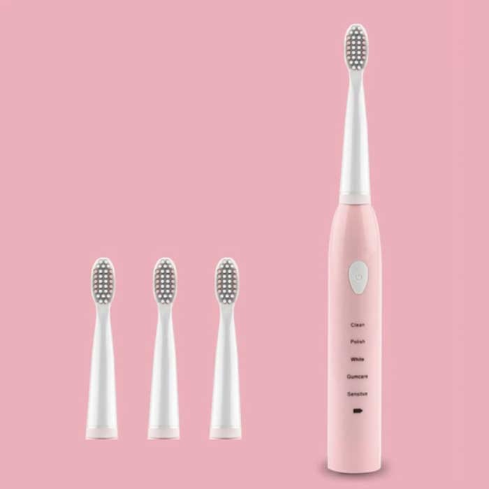 Electric Toothbrush Set - 4 Brush Heads - Waterproof Sonic USB Charging Pink