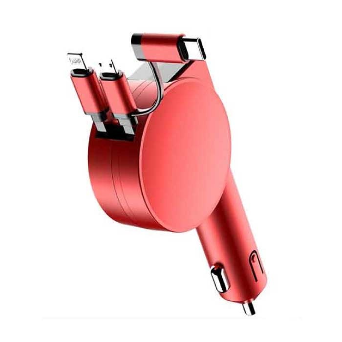 XJ08 3 en 1 USB Car Charger / Carcharger para iPhone Lightning / USB-C / Micro-USB con carga rápida de 60W - Rojo
