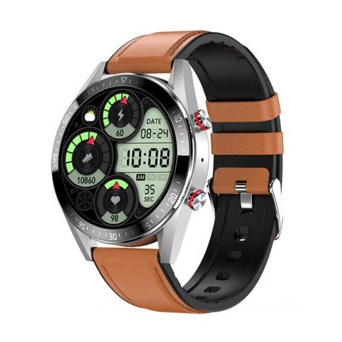 Smartwatch z ciśnieniomierzem i miernikiem tlenu - Fitness Sportowy zegarek z funkcją śledzenia aktywności iOS Android - Skórzany pasek Pomarańczowy