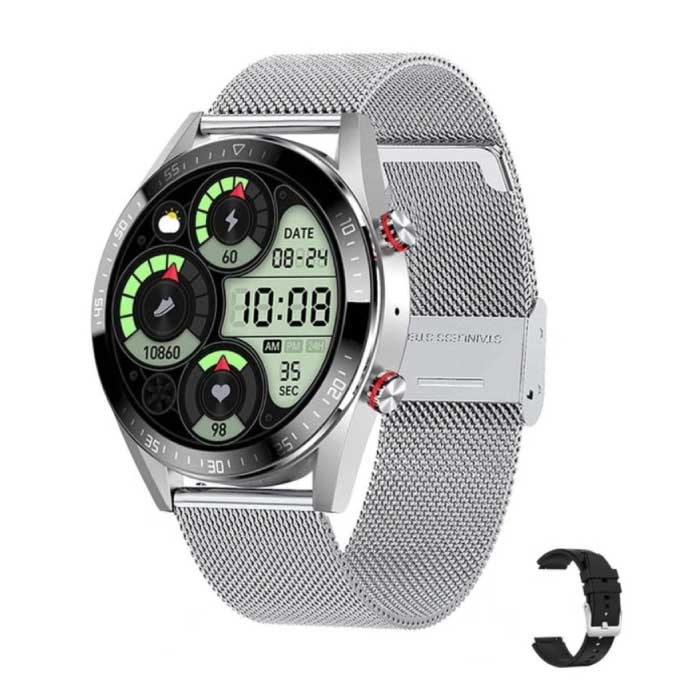 Montre Connectée avec Bracelet Supplémentaire - Tensiomètre et Oxymètre - Fitness Sport Activity Tracker Watch iOS Android - Mesh Strap Silver