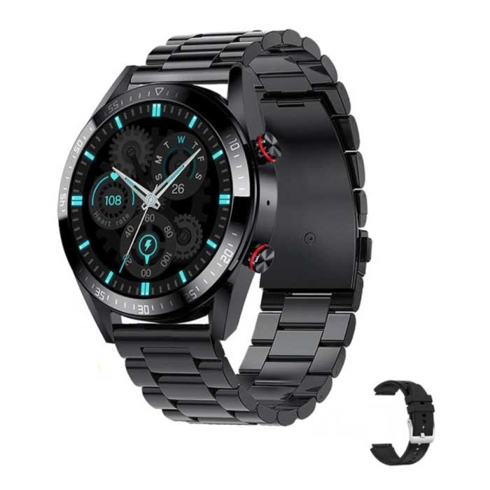 Montre Connectée avec Bracelet Supplémentaire - Tensiomètre et Oxymètre - Fitness Sport Activity Tracker Montre iOS Android - Bracelet Acier Noir