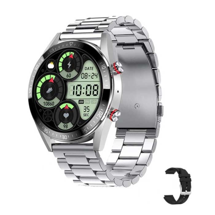 Smartwatch con cinturino extra - Misuratore di pressione sanguigna e misuratore di ossigeno - Fitness Sport Activity Tracker Watch iOS Android - Cinturino in acciaio argento