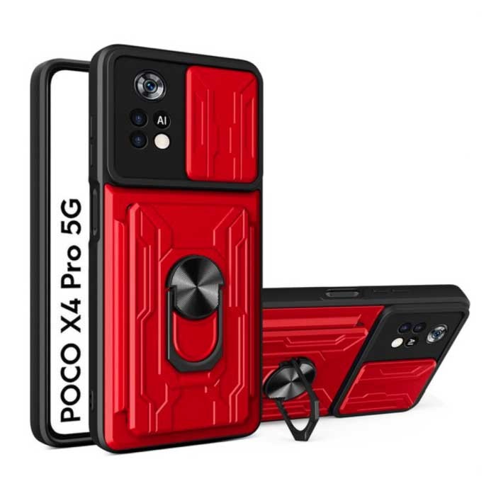 Xiaomi Poco X4 Pro 5G - Card Slot Hoesje met Kickstand en Camera Bescherming - Pop Grip Cover Case Rood